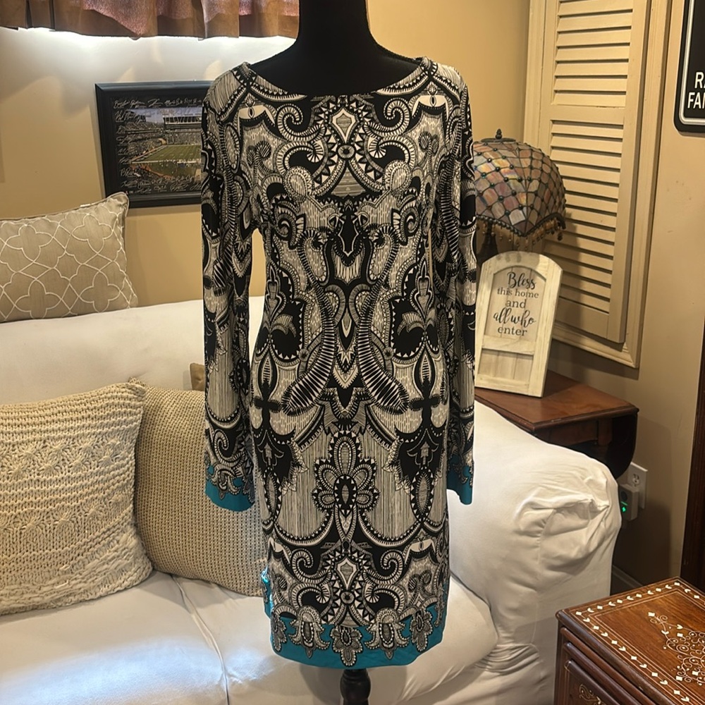 Nicole Miller dress size, large, black, white, and turquoise